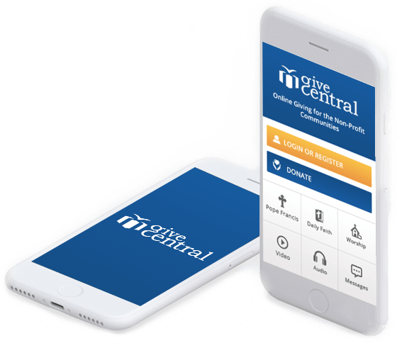 Two smartphones displaying GiveCentral Connect app interface and branding