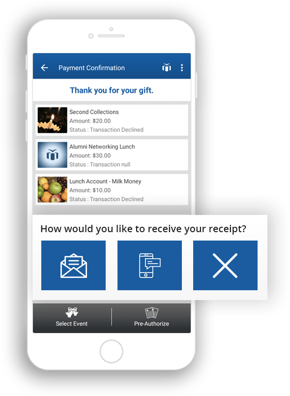 Smartphone displaying a payment confirmation screen with gift details and receipt options
