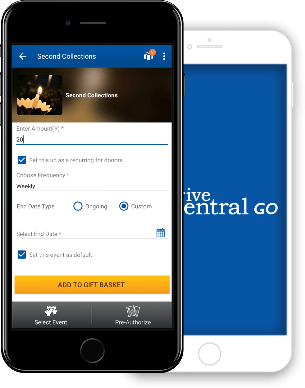 Smartphone displaying GiveCentral Go app for donation collection