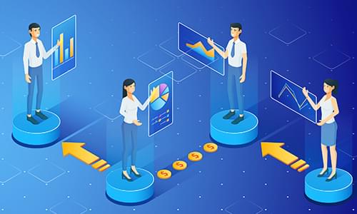Isometric illustration of people connected by data lines for managing donations