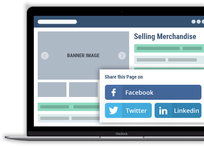 Laptop screen displaying social sharing options for Facebook, Twitter, and LinkedIn on a webpage.