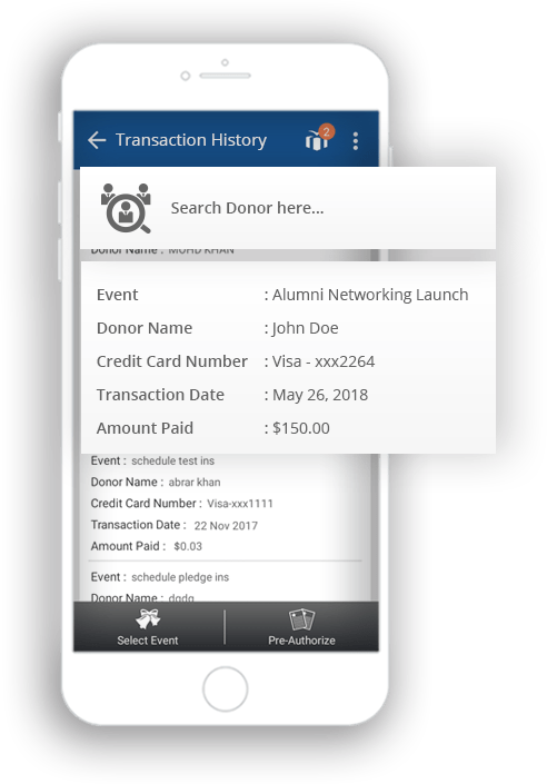 Smartphone displaying a transaction history screen with donation details